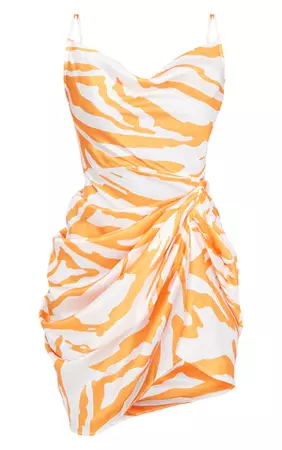Orange Zebra Print Cowl Neck Satin Draped Bodycon Dress | PrettyLittleThing USA