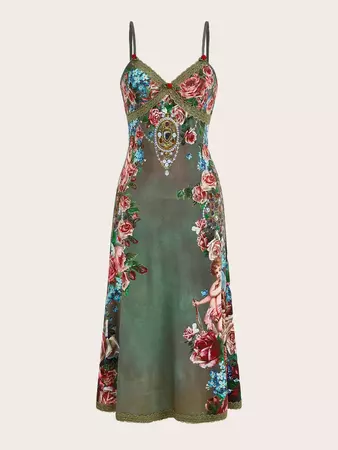ROMWE PUNK Grunge Floral Print Contrast Lace Cami Dress | SHEIN USA