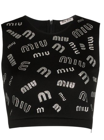 Miu Miu Crystal Logo Cropped Top MJT6021CC Black | Farfetch