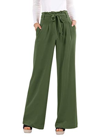Amazon.com: Geckatte Womens Palazzo Wide Leg Pants High Waist Casual Loose Flowy Pants with Belt (Large, Green): Clothing