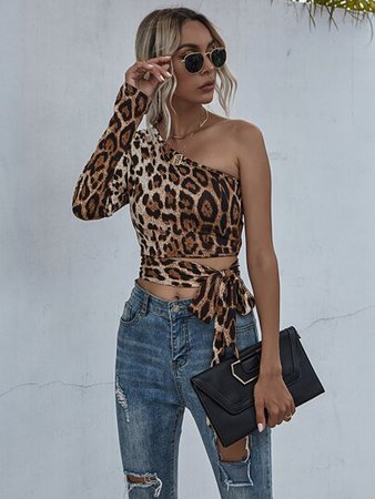 One Shoulder Leopard Print Knot Side Crop Top | SHEIN USA