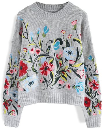 Chicwish Women's Comfy Casual Warm Long Sleeve Flowers Floral Embroidered Grey Knit Top Pullover Sweater at Amazon Women’s Clothing store