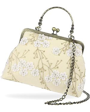 Floral Top-Handle Handbag, Kiss Lock Evening Bag for Women, Vintage Purse with Chain, Women's Retro Clutch Bag for Party 3d-off white-flower: Handbags: Amazon.com