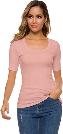 Women Summer Square U Neck Dressy Tops Casual Half Sleeve Slim Fit Tee T-Shirts at Amazon Women’s Clothing store