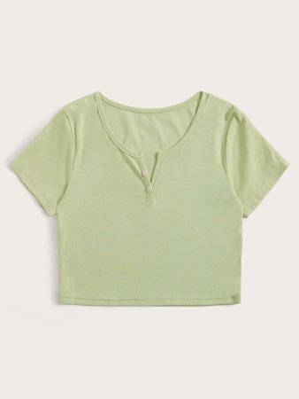Pastel Green Crop Henley Shirt | ROMWE USA