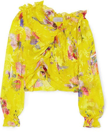 Shelly Ruched Devoré Silk-blend Satin Top - Bright yellow