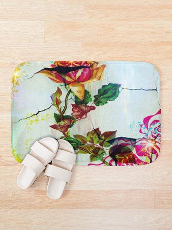"Vintage Yellow & Pink Roses" Bath Mat by gizzycat | Redbubble