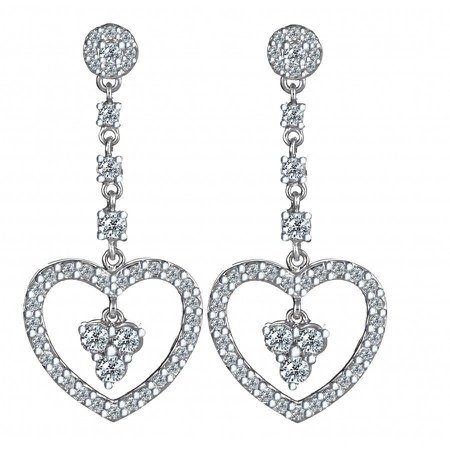 Love Heart Silver Diamond Dangle Earrings