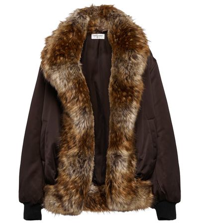 Saint Laurent - Faux fur-trimmed satin bomber jacket | Mytheresa