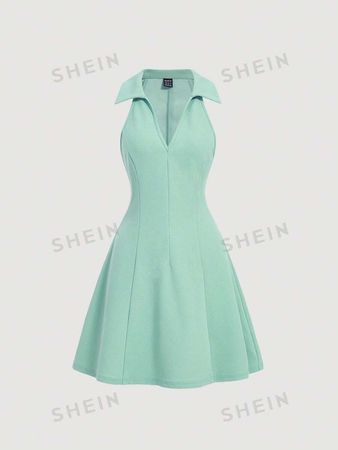 Solid V Neck Collared Fit and Flare Dress