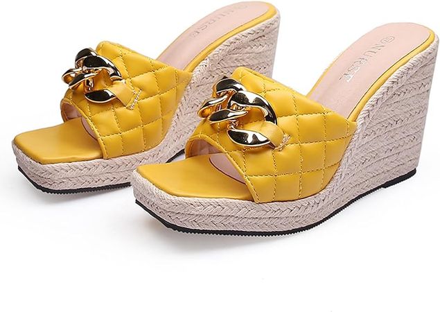 Amazon.com | URLECHS Women's Square Toe Espadrille Wedge Sandals,Straw Platform Metal Chain Comfortable Slip On Slide | Platforms & Wedges