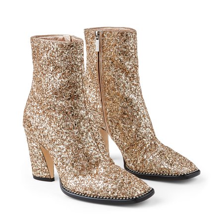 Metallic Gold Glitter Fabric Block Heel Ankle Boots|Cruise '20| JIMMY CHOO