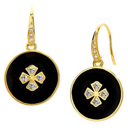 Syna Yellow Gold Black Enamel Earrings with Champagne Diamonds For Sale at 1stDibs