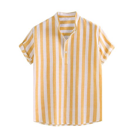 Button Shirts Breathable Striped Print Turn Down Collar Loose Casual Short Sleeve Shirt (XXL, Yellow -4) at Amazon.in