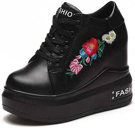 Amazon.com | CYBLING Womens Fashion Embroided Platform Wedge Sneakers Comfort Hidden High Heels Walking Shoes Black | Fashion Sneakers