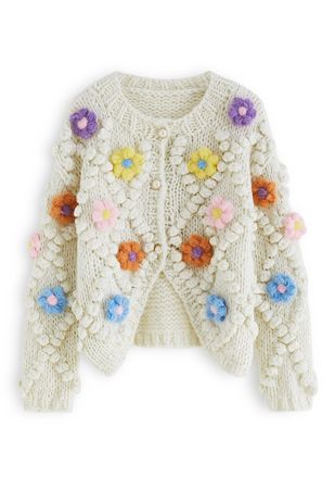 Button Up Floral Pom-Pom Knit Cardigan - Retro, Indie and Unique Fashion