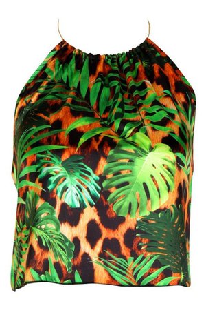 Tall Gold Ring Tropical Leopard Halterneck Crop | Boohoo green