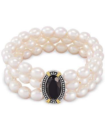 Macy's Sterling Silver, Black Onyx & Cultured Freshwater Pearl Three Row Stretch Bracelet