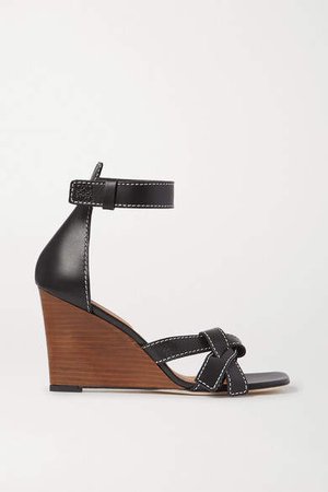 Gate Topstitched Leather Wedge Sandals - Black
