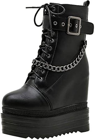 Amazon.com | Parisuit Women's Goth Wedge Platform Ankle Boots High Heel Combat Boots Lace Up Punk Booties with Chain and Buckle-Black Size 4 | Ankle & Bootie