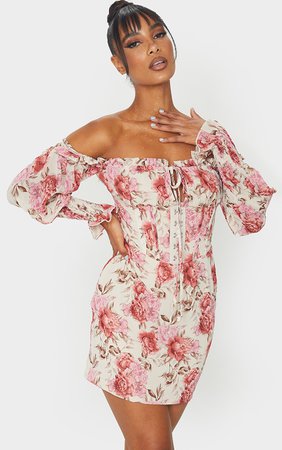 Pink Floral Print Chiffon Hook & Eye Bodycon Dress | PrettyLittleThing