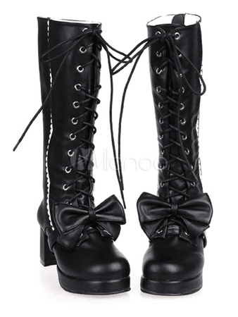 Black PU Leather Round Toe Bow Platform Lolita Boots - Milanoo.com