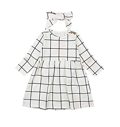 Amazon.com: MILWAY Infant Baby Girls Beautiful Button Plaid Long Sleeve Dress with Classic Bowknot Headband: Clothing