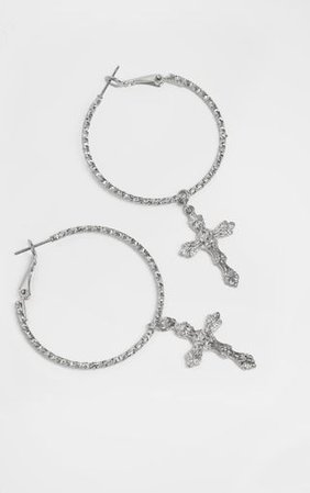 Silver Twisted Gothic Cross Pendant Hoop Earrings | PrettyLittleThing