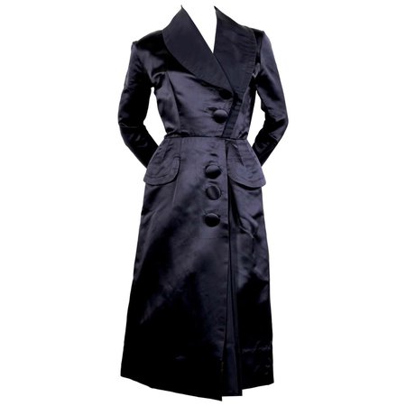 1940's JACQUES FATH navy blue satin coat dress For Sale at 1stDibs