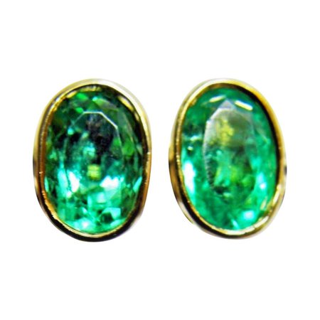 3.63 Carat Natural Colombian Emerald Oval Stud Earrings 18 Karat Yellow Gold