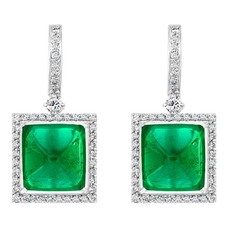 32 Carat Natural Zambian Emerald Sugar Loaf Cabochon and Diamond Earrings 18 K G For Sale at 1stDibs