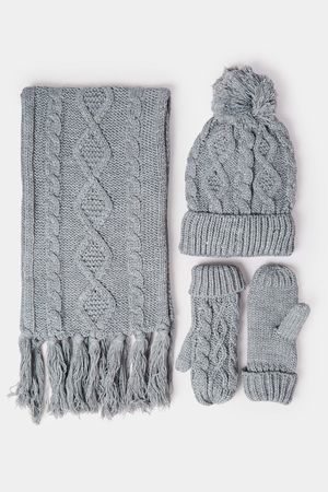 Grey Cable Knit Scarf Hat & Gloves Set | Yours Clothing