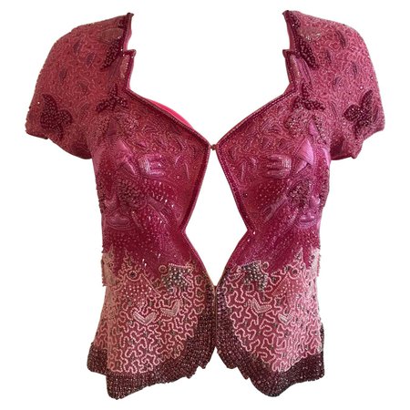 Genny by Gianni Versace Pink Beaded Diamond Embroidered Short Sleeve Jacket For Sale at 1stDibs