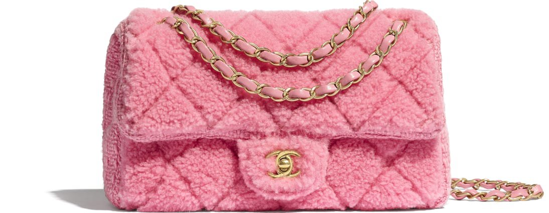 Flap Bag, shearling sheepskin, tweed & gold-tone metal, pink - CHANEL