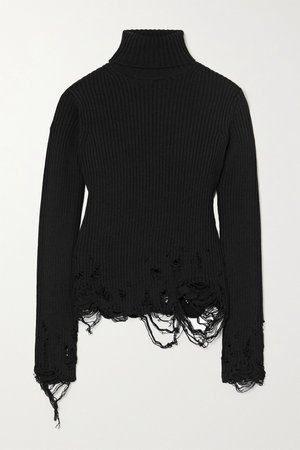 Black Distressed ribbed wool turtleneck sweater | Balenciaga | NET-A-PORTER