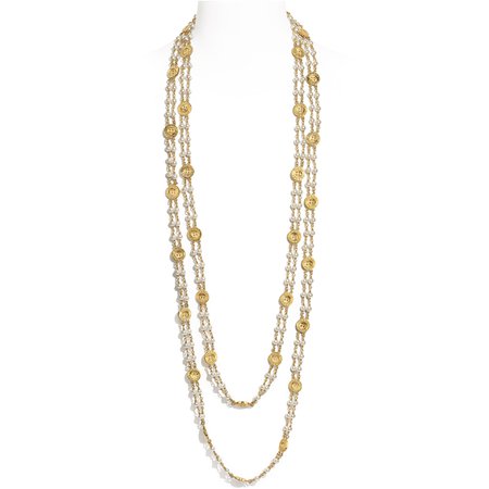 Chanel, long necklace Metal & Glass Pearls Gold & Pearly White