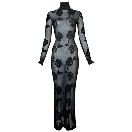 *clipped by @luci-her* F/W 1998 Christian Dior John Galliano Runway Sheer Black Mesh Floral Maxi Dress For Sale at 1stDibs