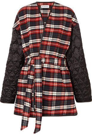 Leather-trimmed Checked Cotton-flannel And Quilted Satin Coat - Red