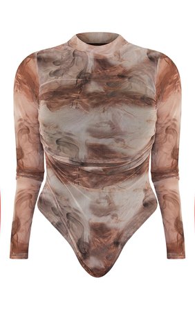 Shape Brown Smoke Print Mesh Ruched Bodysuit | PrettyLittleThing USA