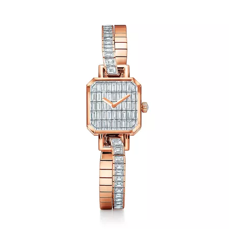 Tiffany 25 mm square watch in 18k rose gold with diamonds. | Tiffany & Co.