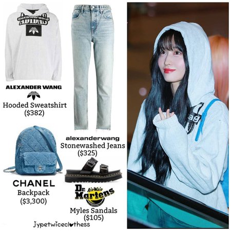 Twice's Fashion on Instagram: “MOMO GIMPO AIRPORT ADIDAS × ALEXANDER WANG- Hooded Sweatshirt ($382) ALEXANDER WANG- Stonewashed Jeans ($325) CHANEL- Backpack ($3,300) DR…”