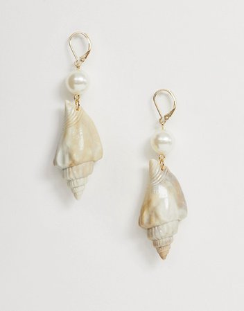 ASOS DESIGN earrings with faux pearl studded shell drop in gold tone | ASOS