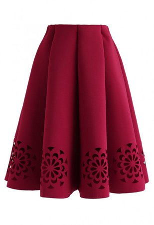 Flowery Cutout Airy Midi Skirt in Red - Skirt - BOTTOMS - Retro, Indie and Unique Fashion