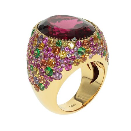 Rubellite Multi-Color Sapphire 18 Karat Yellow Gold Cocktail Ring by Mousson Atelier