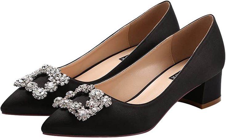 Amazon.com | ERIJUNOR Women Comfort Low Heel Closed Toe Rhinestone Wedding Evening Satin Shoes | Heeled Sandals