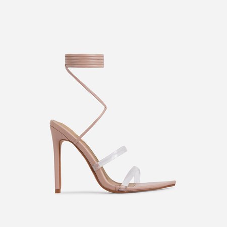 Dolled-Up Clear Perspex Strap Lace Up Pointed Toe Heel In Nude Faux Leather | EGO
