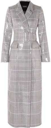 Sequined Checked Double-breasted Tweed Coat - Gray