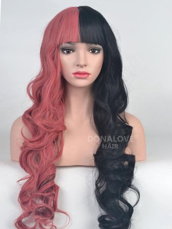 Half Pink half black rainbow Wavy Synthetic Lace Front Wig - DonaLoveHair
