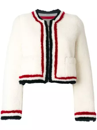 Thom Browne Zip Up Cardigan Jacket With Red, White And Blue Intarsia In Dyed Shearling