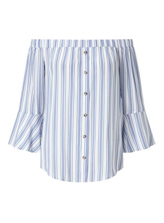 Blue Stripe Button Front Bardot Top - Shirts & Blouses - Clothing - Miss Selfridge